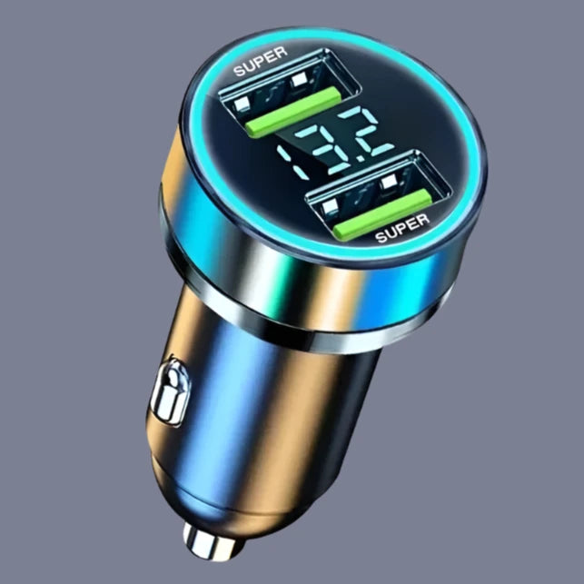 a blue and gold car charger with the words super super