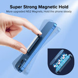a hand holding a blue phone with the text super strong magnetic holder