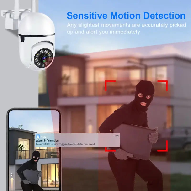 A surveillance camera with a person holding a box