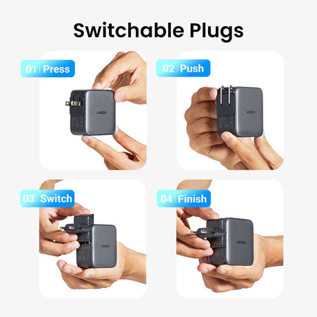 Switchable electrical plug adapter with multiple configurations shown in a step-by-step usage guide.