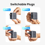 Switchable electrical plug adapter with four-step usage instructions shown.