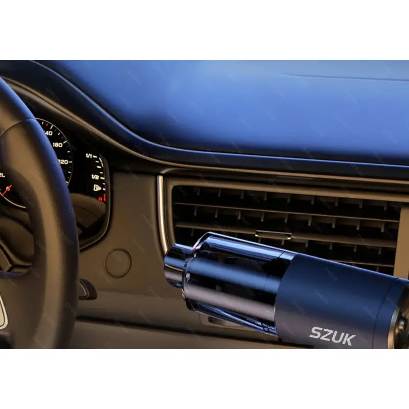 A car dashboard with a steering and a blue dashboard