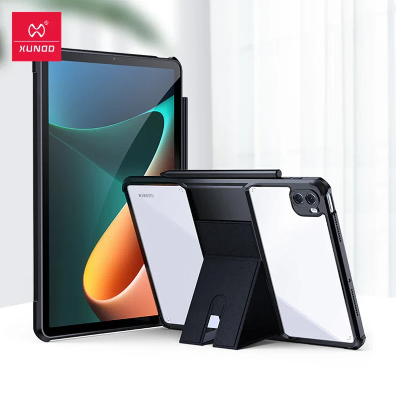 Tablet with protective case and stand.