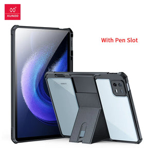 Tablet with protective case and stand.