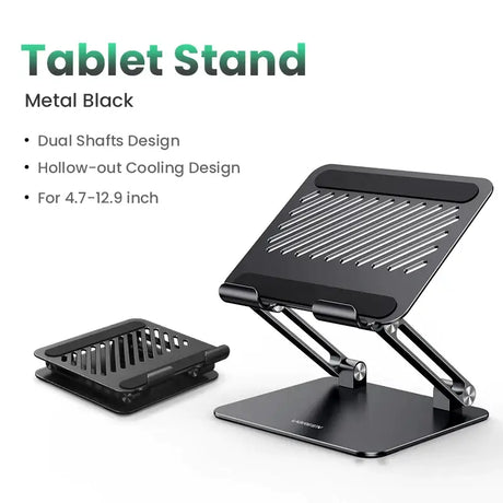 The tablet stand with a black base and a black base