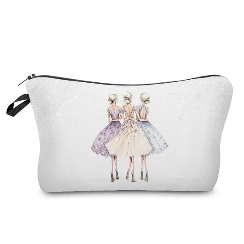 a white cosmetic bag with two girls in dresses
