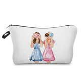 two girls in dresses with dons makeup bag
