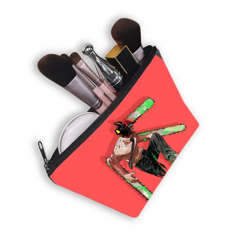 a makeup bag with a picture of a woman