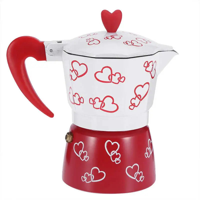 a red and white stove with hearts on it