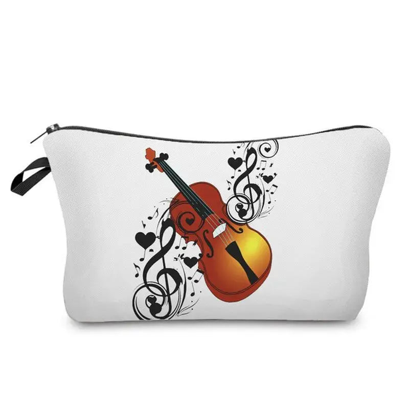 a white cosmetic bag with a violin design