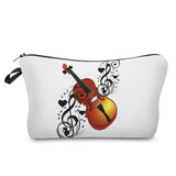 a white cosmetic bag with a violin design