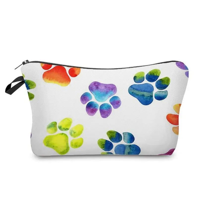 a colorful watercolor paw print cosmetic bag