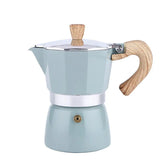 a blue stove with a wooden handle