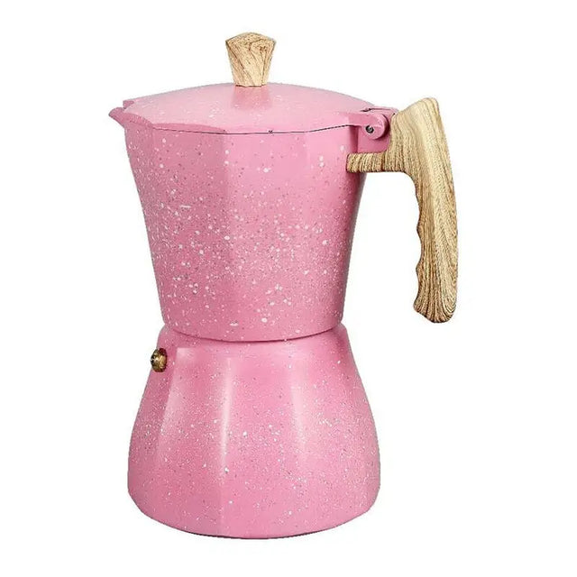 a pink coffee pot with a wooden handle