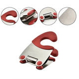 a red and silver metal buckle with four different angles