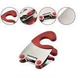 a red and silver metal buckle with four different handles