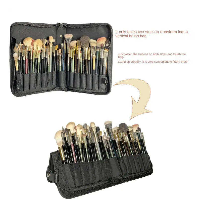 a black makeup brush case with a set of brushes