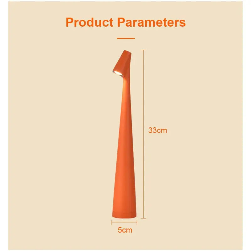 A tall orange cone with the measurements of the cone