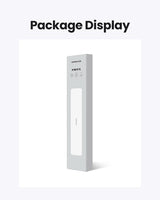 Tall, slender white product box with minimal text and a transparent window.