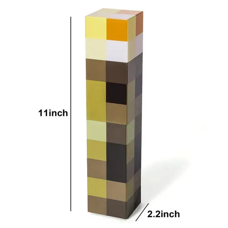 A tall wooden block with a yellow and brown block