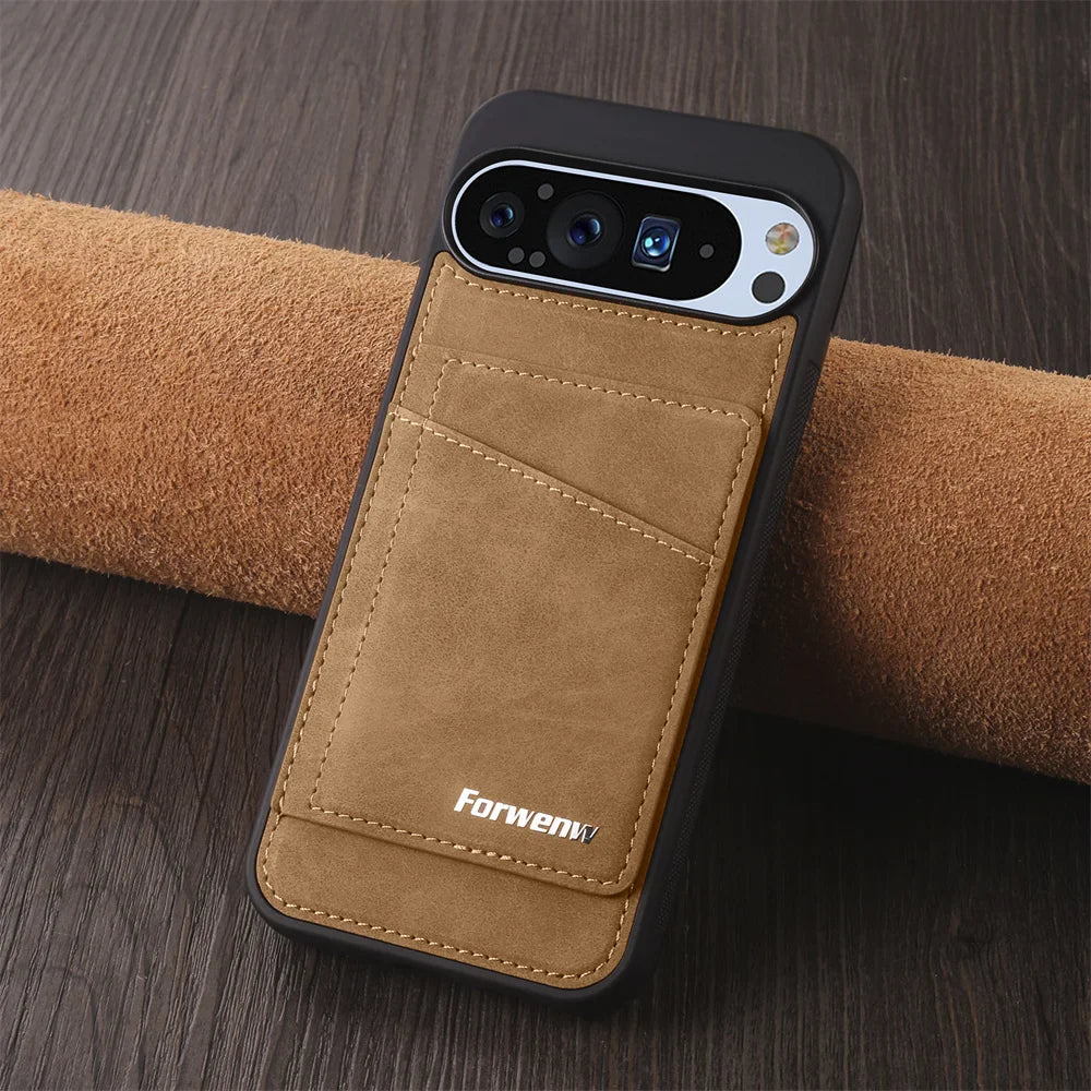 Tan leather-textured phone case with multiple card slots and a camera cutout.