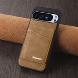 Tan leather-textured phone case with multiple card slots and a camera cutout.