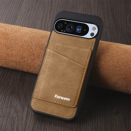 Tan leather-textured phone case with multiple card slots and a camera cutout.