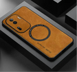 Tan leather-textured smartphone case with a circular design and multiple camera cutouts.