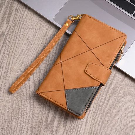 Tan leather wallet-style phone case with geometric stitching and a wrist strap.