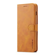 Tan leather wallet-style smartphone case with a closure strap.