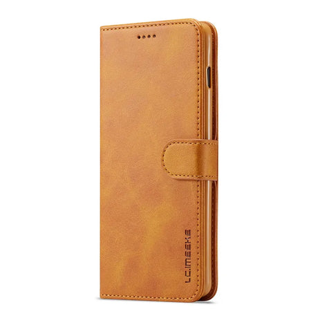 Tan leather wallet-style smartphone case with a closure strap.