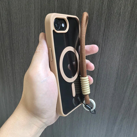Tan phone case with brown wrist strap.