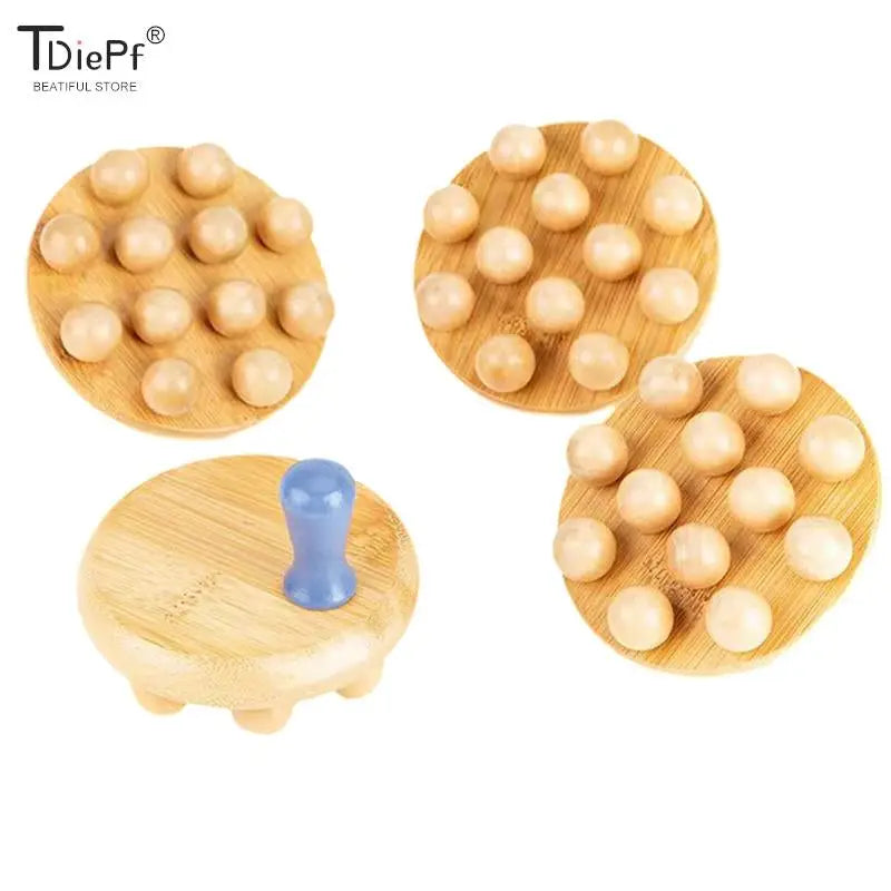 three wooden buttons with a blue button