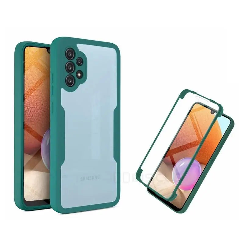 Teal and clear smartphone case with a matching screen protector.