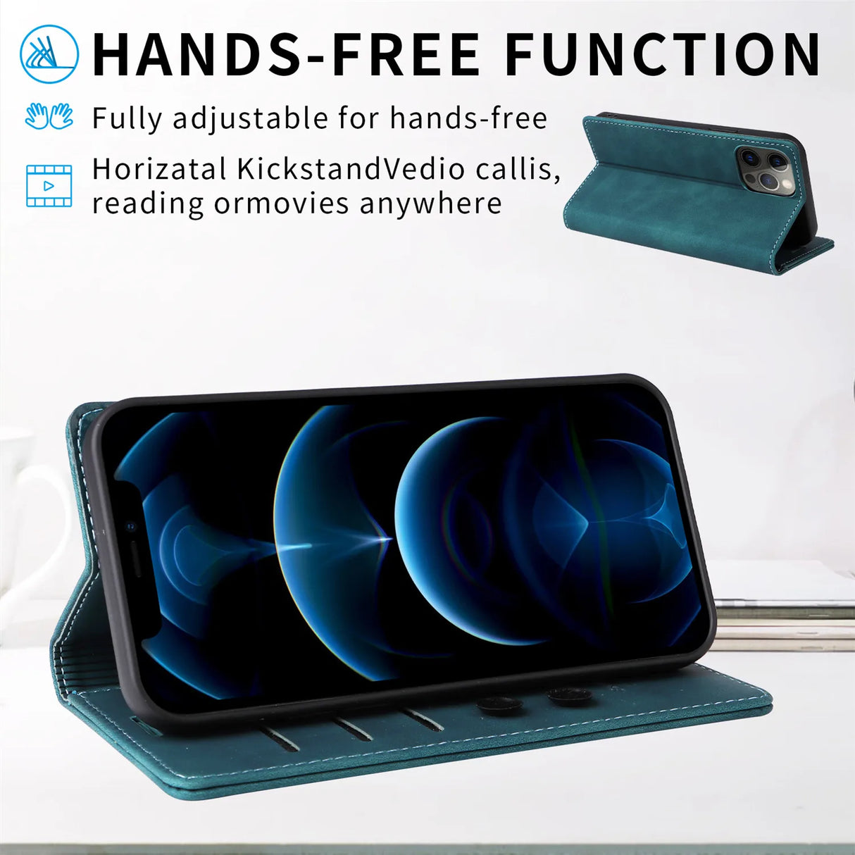 Teal-colored folio case for a smartphone with a hands-free kickstand function.