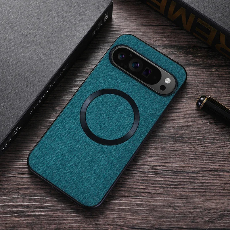 Teal-colored smartphone case with a circular design element and camera cutout.