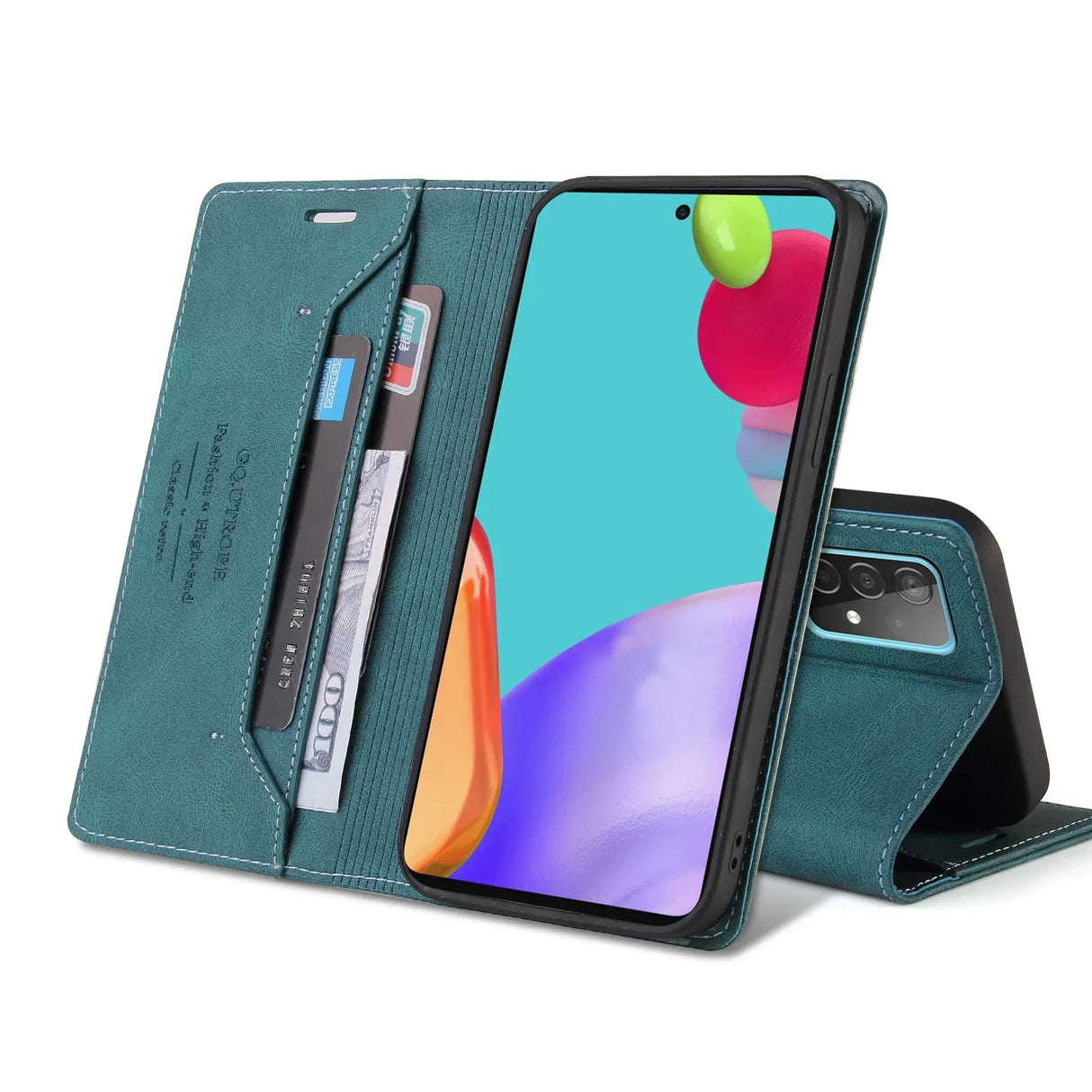 Teal leather wallet case for a smartphone with card slots and a colorful screen display.