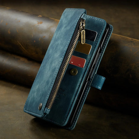 Teal leather wallet case for a smartphone with a zipper compartment and card slots.