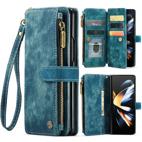 Teal leather wallet case for a smartphone with multiple card slots and a zipper compartment.