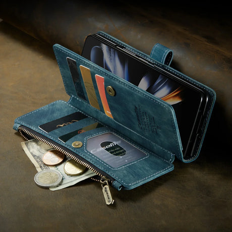 Teal leather wallet with multiple compartments, card slots, and a smartphone holder.