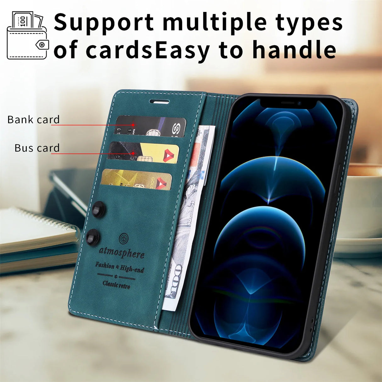 Teal leather wallet phone case with multiple card slots and a smartphone display visible.