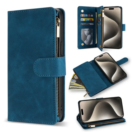 Teal leather wallet phone case with multiple card slots and a zipper compartment.