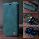 Teal leather wallet-style phone case with multiple viewing angles shown.