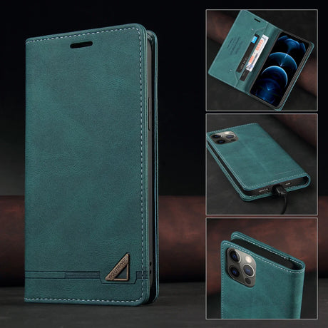 Teal leather wallet-style phone case with a metallic corner accent.