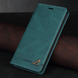 Teal leather wallet-style phone case with a small metallic triangle emblem.