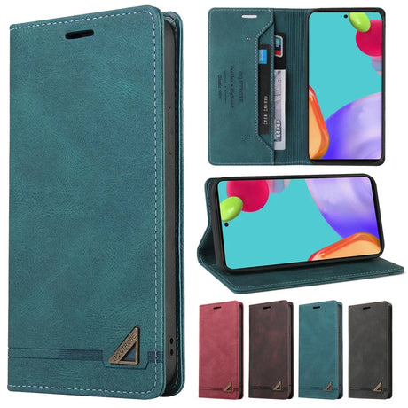 Teal leather wallet-style smartphone case with card slots and a stand function.