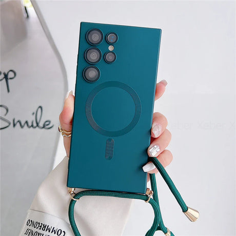 Teal phone case with a camera cutout, circular magnetic ring, and a green lanyard.