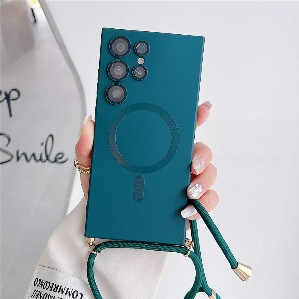 Teal phone case with a camera cutout and a lanyard.