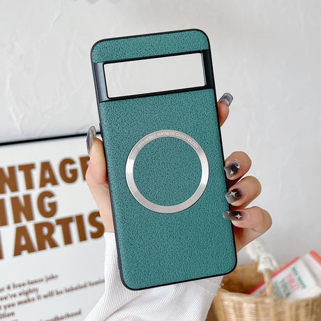 Teal smartphone case with a circular design and rectangular cutout.