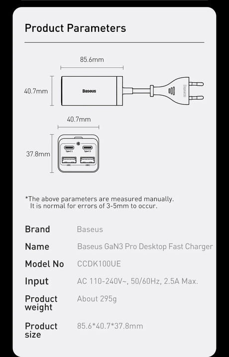 Technical specification sheet for a Baseus GaN3 Pro Desktop Fast Charger, showing product dimensions and parameters.